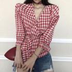 3/4-sleeve Wrap-front Gingham Blouse