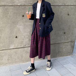 Badge Embroidered Blazer / Plaid Midi A-line Skirt