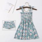 Set: Floral Print Sleeveless Swim Dress + Shorts