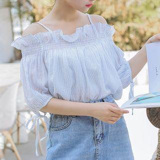 Elbow-sleeve Striped Cold Shoulder Blouse