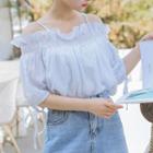 Elbow-sleeve Striped Cold Shoulder Blouse