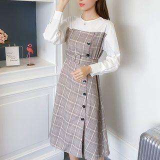 Mock Two Piece Plaid Panel Buttoned A-line Dress