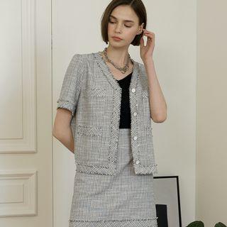 V-neck Summer Tweed Jacket Light Gray - One Size