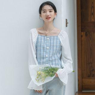 Long-sleeve Panel Plaid Blouse Blue - One Size