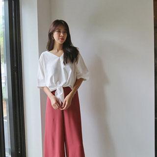 Elbow-sleeve Tie-front Top