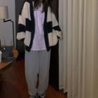 Long-sleeve Plain T-shirt / Sweatpants / Striped Cardigan / Set