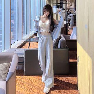 Cropped Lace Camisole Top / Wide-leg Pants / Plain Cardigan