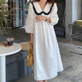 3/4-sleeve Ruffle Trim Collar Midi A-line Dress