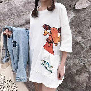 3/4-sleeve Printed Pocketed T-shirt
