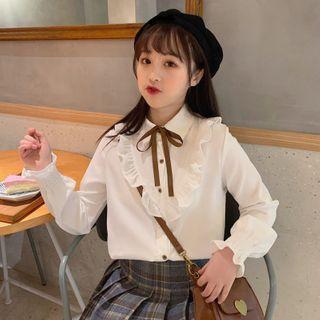 Ruffle Trim Collared Long-sleeve Blouse