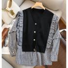 V-neck Mock Two-piece Ruffle Plaid Shirt Black - One Size