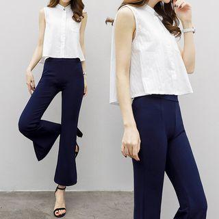 Set: Plain Sleeveless Shirt + Cropped Boots Cut Pants