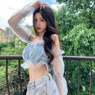 Long-sleeve Ruffled Mesh Crop Top Sky Blue - One Size