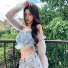 Long-sleeve Ruffled Mesh Crop Top Sky Blue - One Size