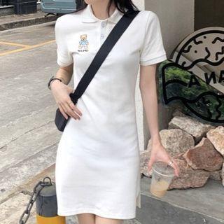 Short-sleeve Polo Collar Bear Print Slim-fit Dress