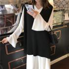 Plain V-neck Knit Vest / Plain Long-sleeve Loose-fit Dress