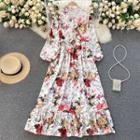 Long-sleeve Collared Floral Midi A-line Dress White - One Size