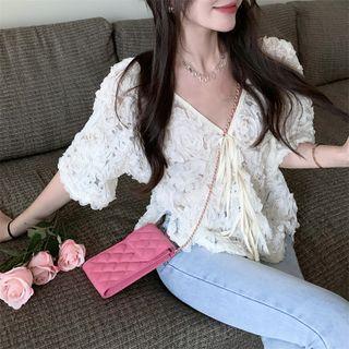 Puff Sleeve V-neck Lace Up Accent Flower Chiffon Top As Shown In Figure - One Size