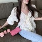 Puff Sleeve V-neck Lace Up Accent Flower Chiffon Top As Shown In Figure - One Size