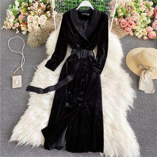 Double Breasted Velvet Trench Coat With Sash