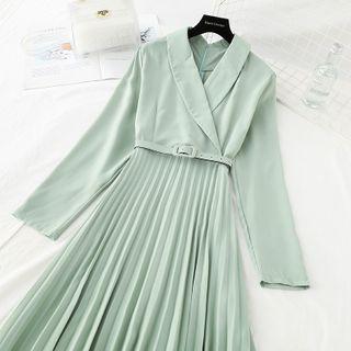 Collared Long-sleeve Midi A-line Accordion Pleat Dress