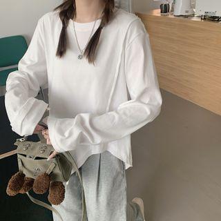 Long-sleeve Irregular Hem T-shirt White - One Size