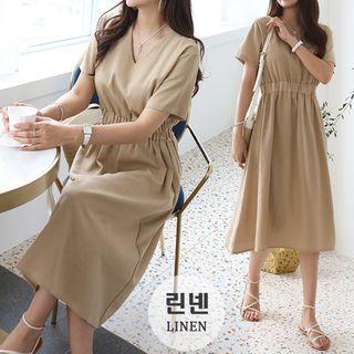 Linen Blend Gathered Midi Dress