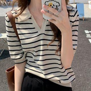 Short-sleeve Striped Knit Collared Top