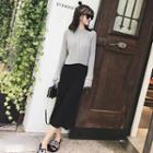 Set: Cropped Bell Sleeve Ribbed Knit Top + Slit-back Midi Skirt Gray Top + Black Skirt - One Size