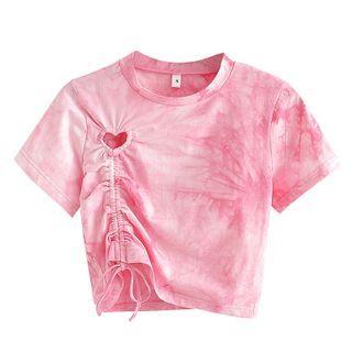 Tie-dye Print Heart Cutout Drawstring Cropped T-shirt