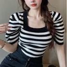 Puff-sleeve Square Neck Knit Top Stripe - Black & White - One Size