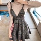 Turtleneck Knit Top / Plaid Strappy A-line Dress