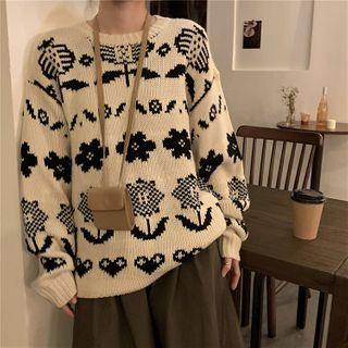 Long-sleeve Jacquard Sweater As Shown In Figure - One Size