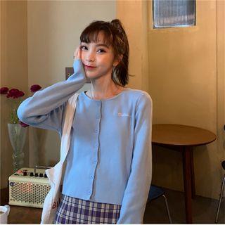 Lettering Knit Cardigan / Plaid Mini Pinafore Dress