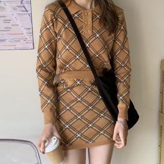 Set: Plaid Collared Sweater + Mini Knit Pencil Skirt Set Of 2 - Sweater & Skirt - Dark Brown - One Size