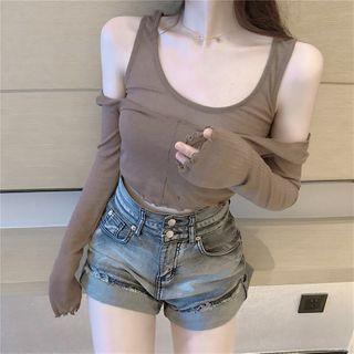 Set: Cold Shoulder Long-sleeve T-shirt + Tank Top Coffee - One Size