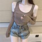 Set: Cold Shoulder Long-sleeve T-shirt + Tank Top Coffee - One Size