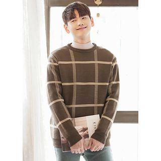 Crew-neck Checked Knit Sweater