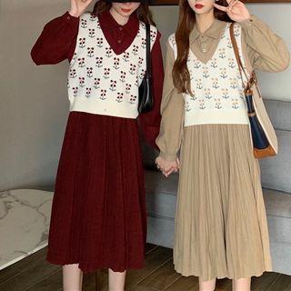 Set: Midi A-line Shirtdress + Floral Print Sweater Vest