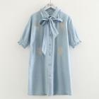 Bow Accent Embroidered Denim Long Shirt