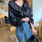 Two-way Lace-up Ruffled Blouse Black - One Size