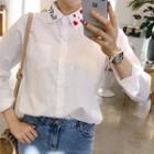 Embroidered-collar Cotton Shirt Ivory - One Size