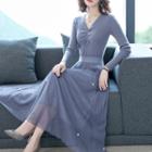 Mock Two-piece Long-sleeve Drawstring Midi A-line Dress