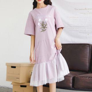 Mesh Panel Embroidered Short-sleeve T-shirt Dress
