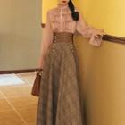 Set: Long-sleeve Ruffled Mock-neck Blouse + High-waist Plaid Maxi A-line Dress