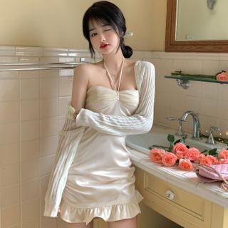 Halter-neck Frill Trim Mini Sheath Dress / Cardigan