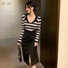 Striped Knit Top / Plain Slit Midi Pencil Skirt