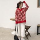 Patterned Sweater / Accordion Pleat Midi Skirt