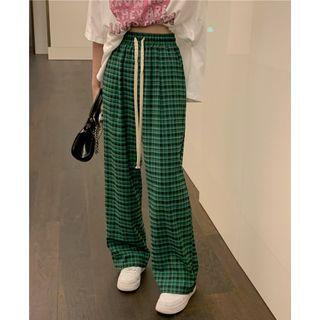 Plaid Wide Leg Pants Plaid - Green - One Size
