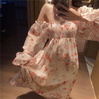 Long-sleeve Floral Chiffon A-line Midi Dress As Shown In Figure - One Size